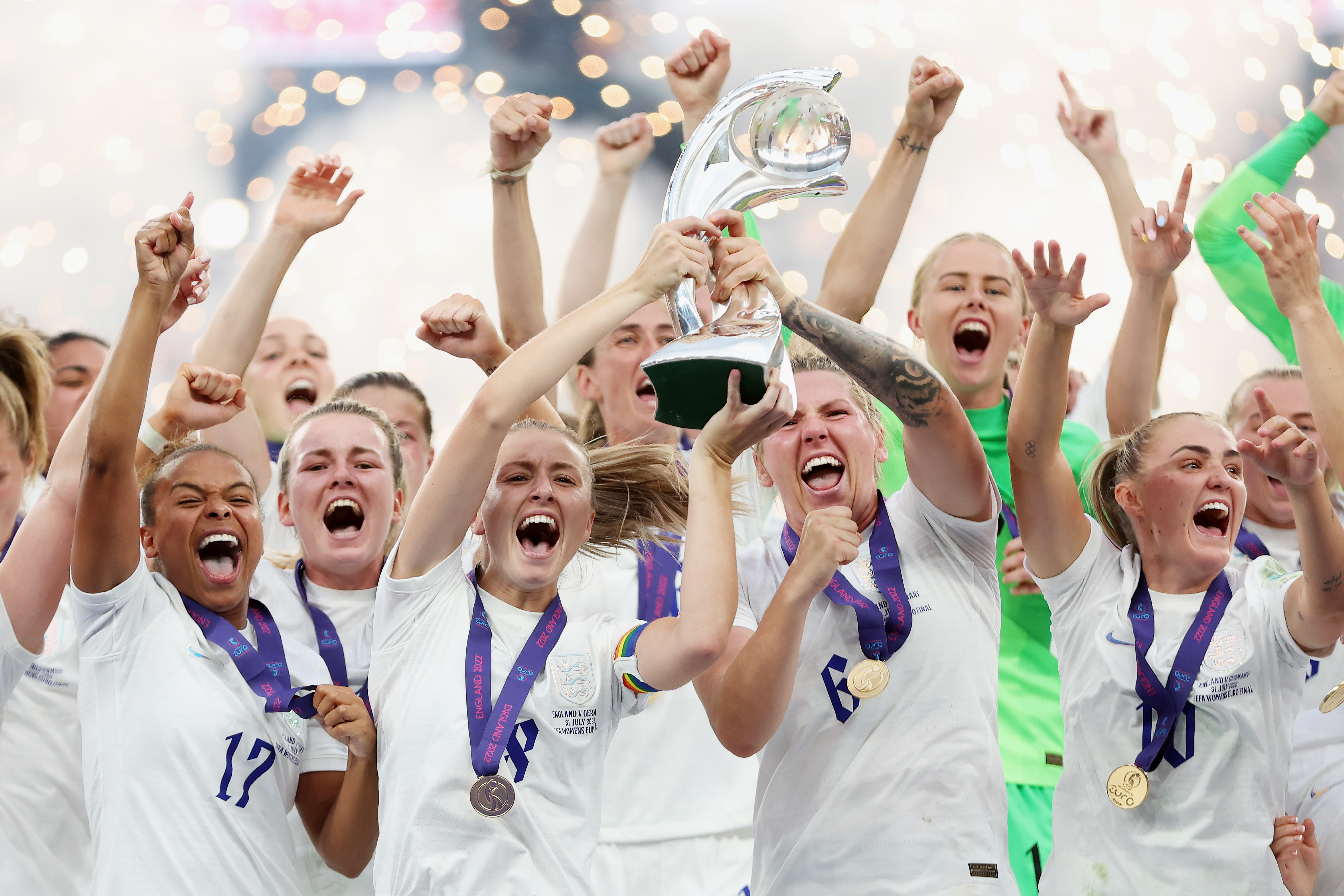 The Lionesses celebrate after winning the 2022 Euros on July 31 (Catherine Ivill - UEFA/UEFA via Getty Images)